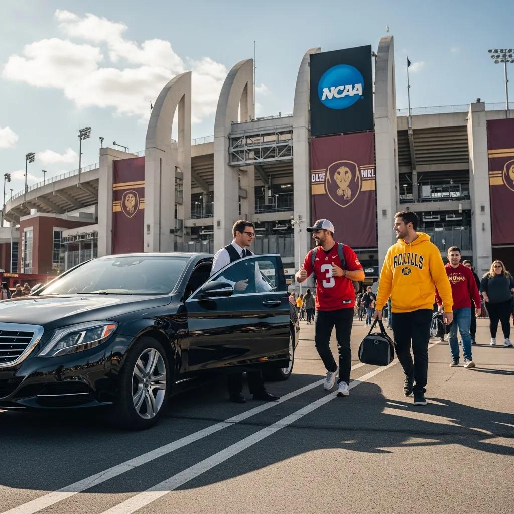 NCAA Final Four Luxury Chauffeur Service Luxury chauffeur vehicle outside stadium for NCAA Final Four event transportation