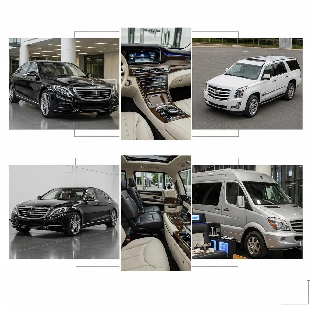 Collage of luxury vehicles available for hourly hire including sedan, SUV, and Sprinter van