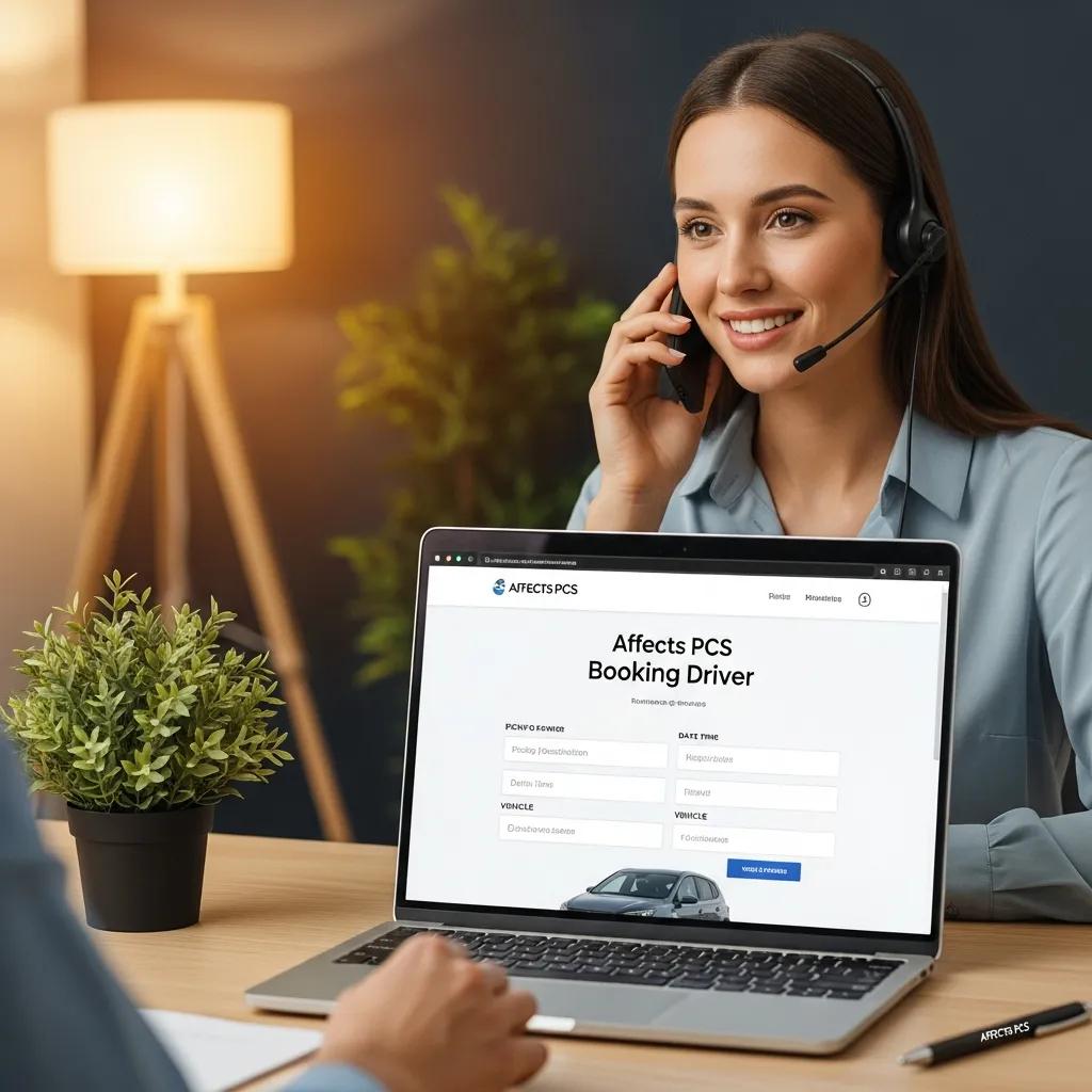 Customer service representative helping a client book a personal driver online