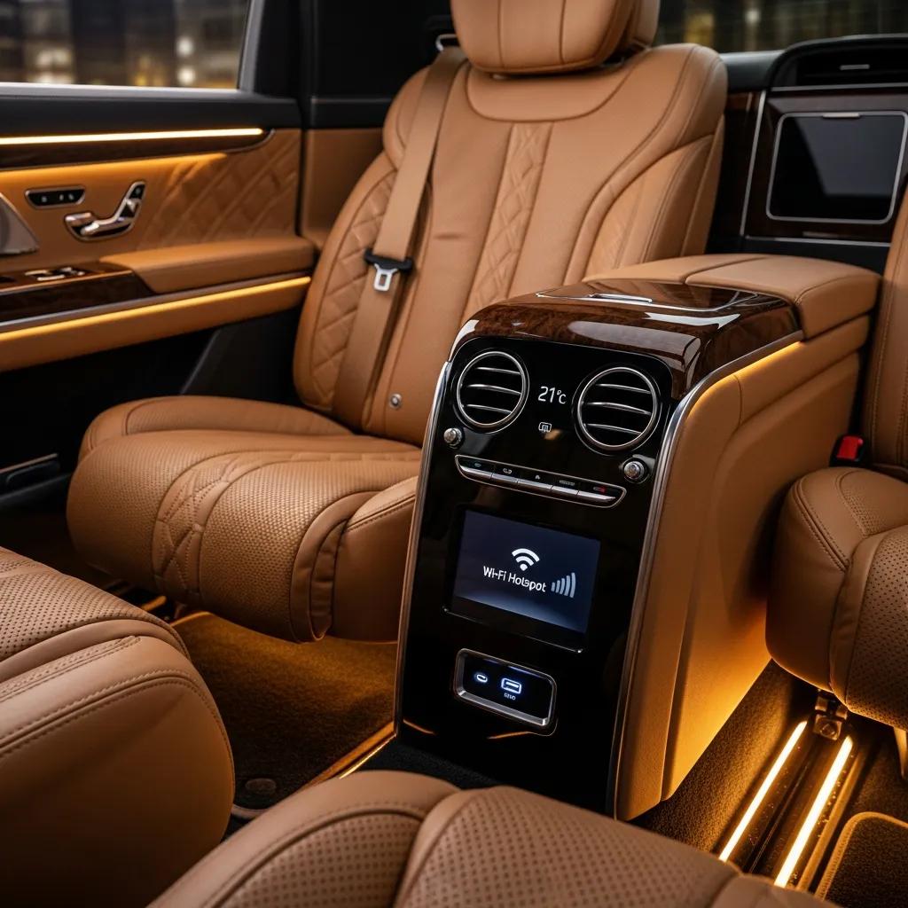 Interior amenities of a luxury chauffeured vehicle highlighting comfort and elegance