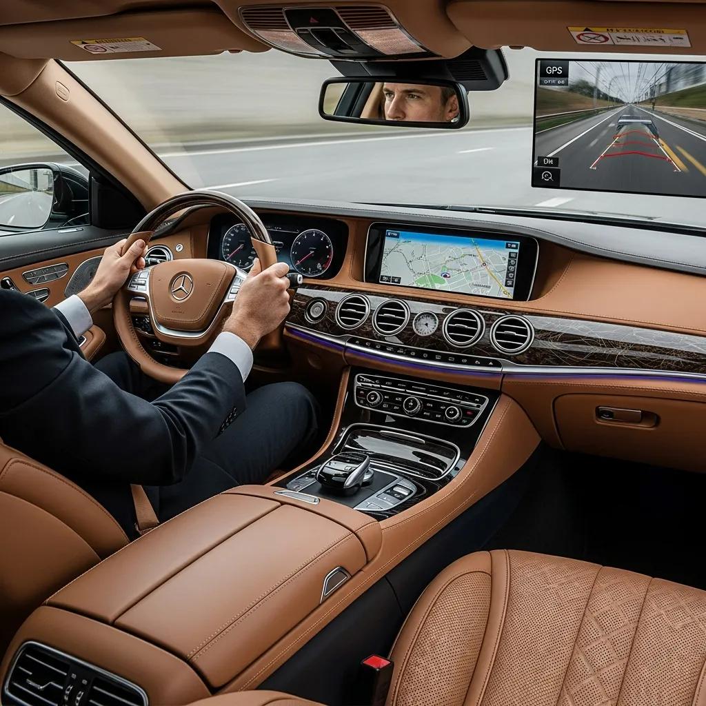 Interior of a luxury vehicle showcasing safety features with a chauffeur driving