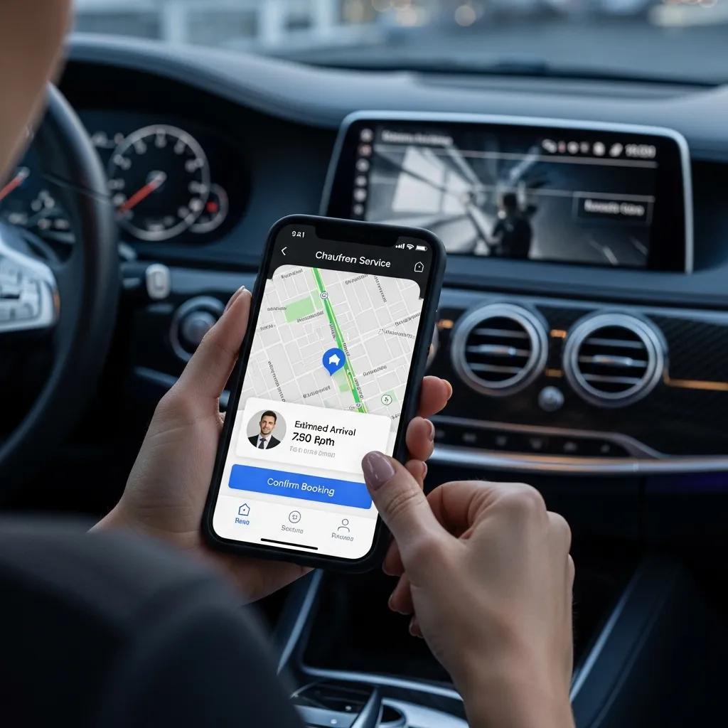 Person booking a chauffeur service online with a smartphone in a luxury vehicle interior