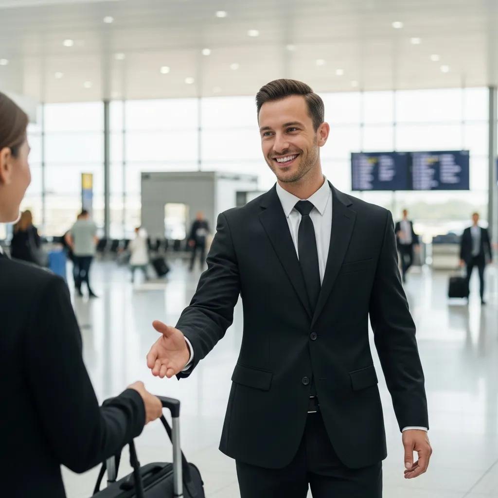 Professional chauffeur assisting passenger with luggage at airport