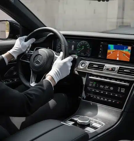 Luxury chauffeur driving a Mercedes-Benz, showcasing a professional driver in gloves, with a focus on the car's high-end interior and dashboard display.
