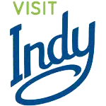 Visit Indy logo promoting tourism in Indianapolis, featuring "Visit" in green and "Indy" in blue cursive font.