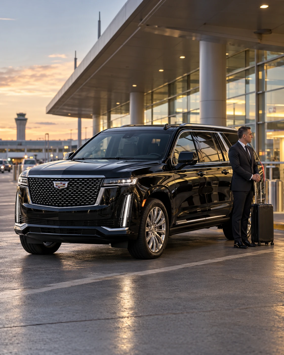 Black Cadillac Escalade ESV with a chauffeur and suitcase outside an airport terminal at sunset.
