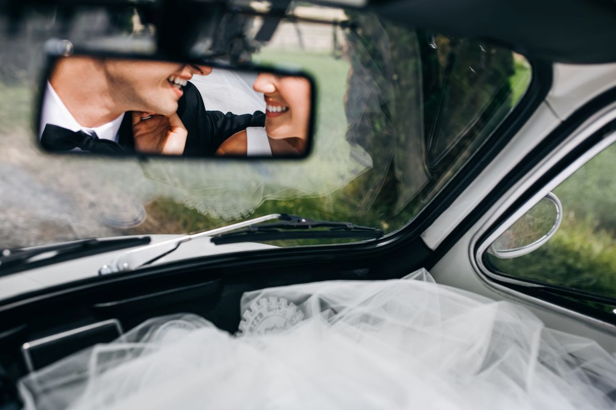 Beautiful wedding luxury limo service with professional chauffeur and elegant bridal transportation