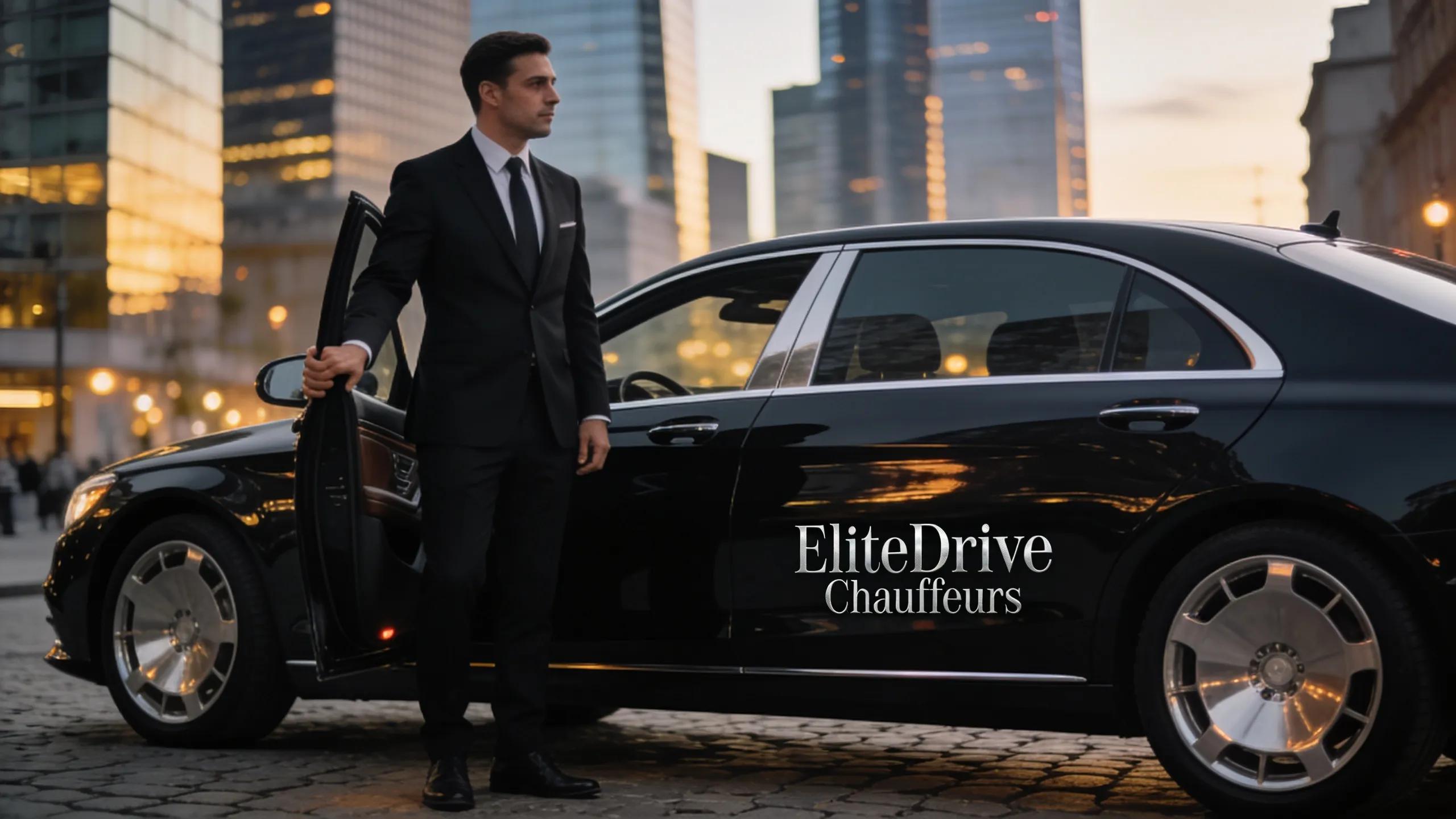 Luxury chauffeur service with a professional driver and high-end sedan in an urban setting