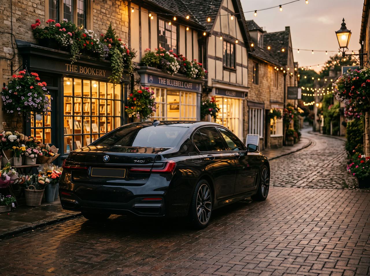 Placeholder image (AI-generated): a black BMW 7 Series parked on a brick-paved village street lined with shops in the evening.