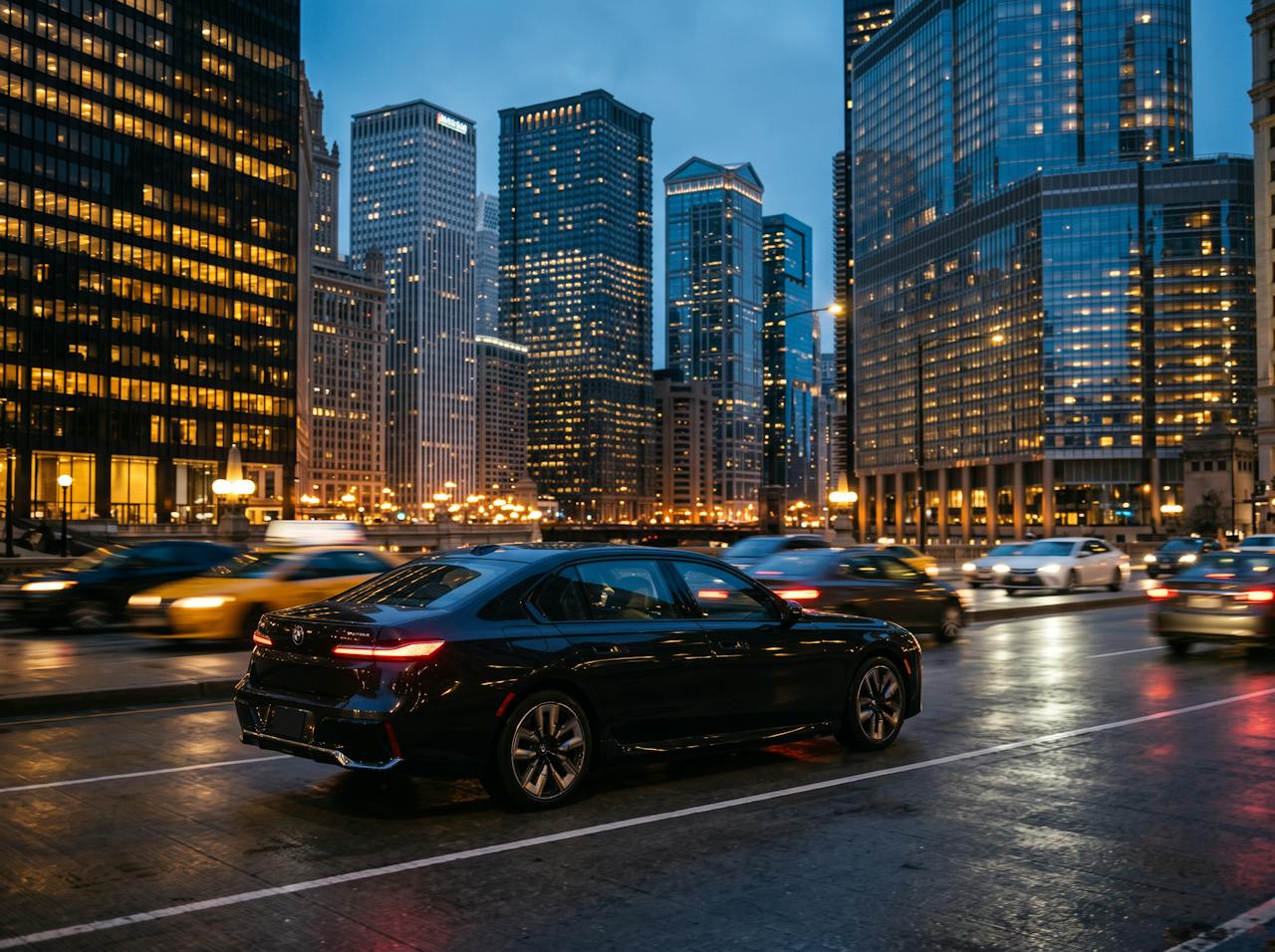 Placeholder image (AI-generated): a black BMW 7 Series on a downtown boulevard among glass towers at blue hour.