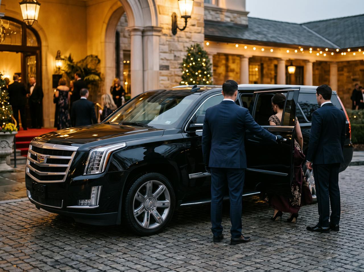 Placeholder image (AI-generated): a chauffeur and guests beside a black Cadillac Escalade ESV at a lit venue entrance in the evening.