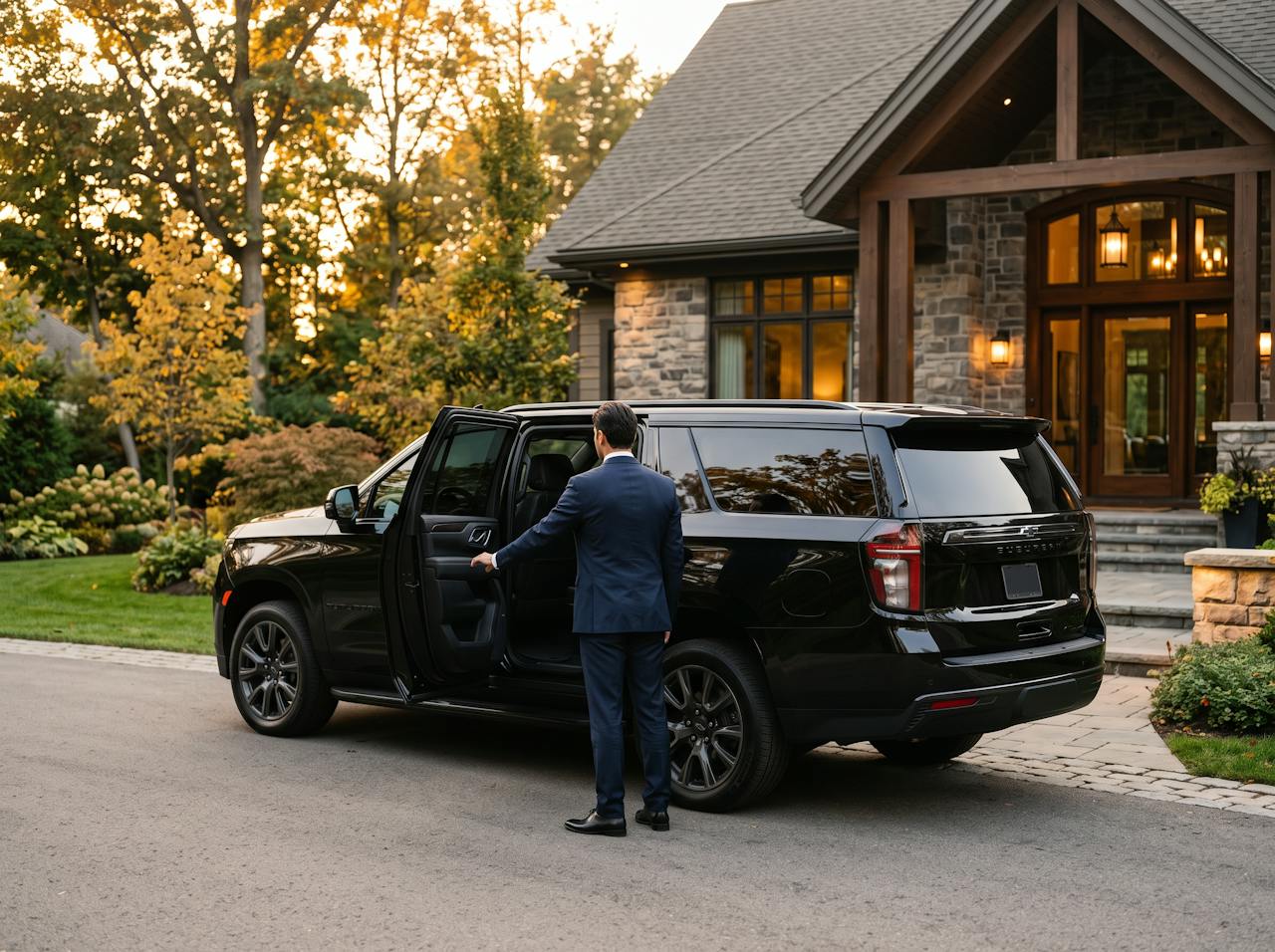 Placeholder image (AI-generated): a chauffeur holding the rear door of a black Chevrolet Suburban at a home entrance at golden hour.