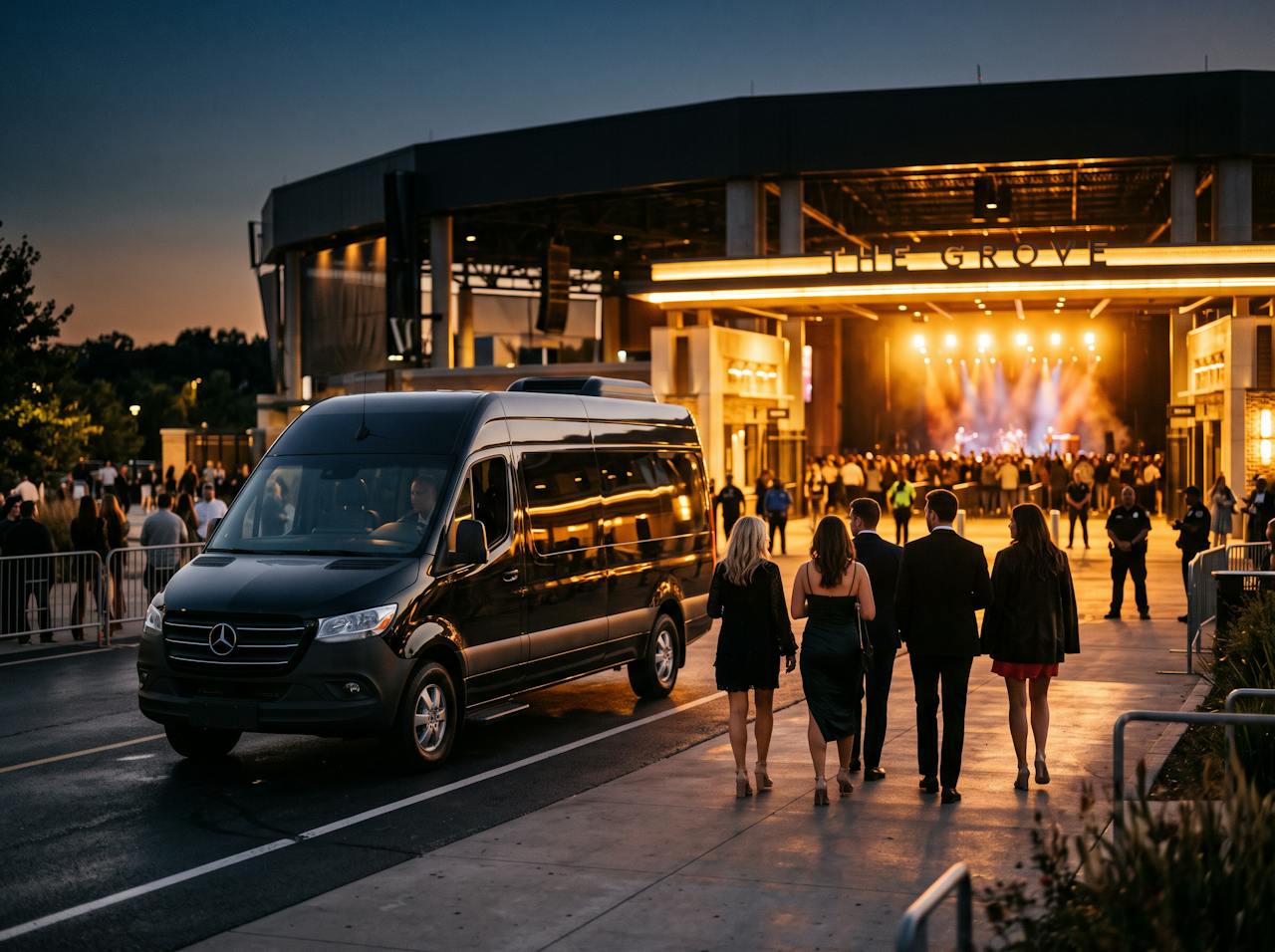 Placeholder image (AI-generated): guests walking toward a black Mercedes-Benz Sprinter van outside an amphitheater at dusk.