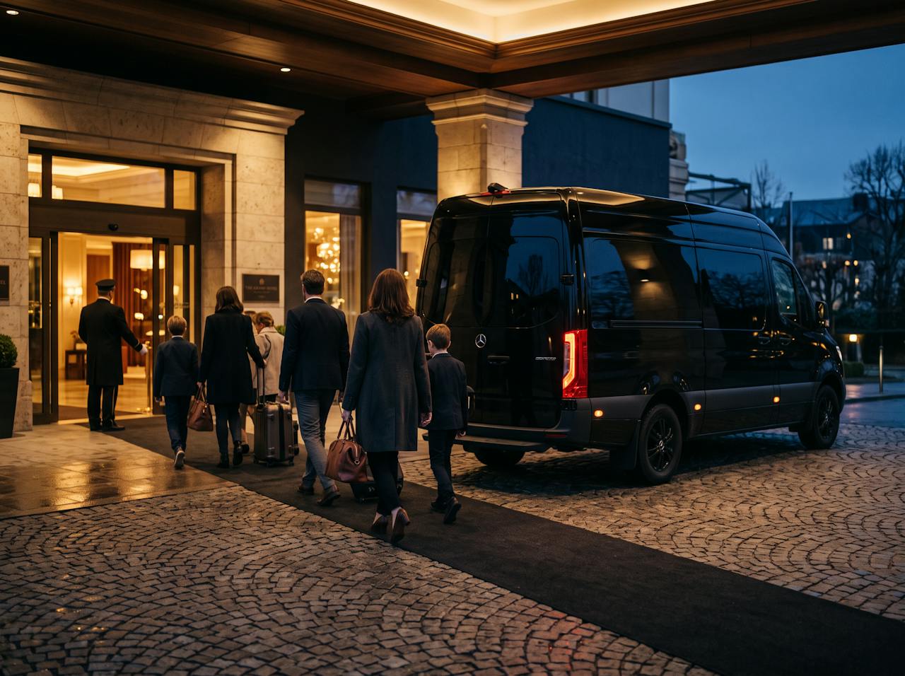Placeholder image (AI-generated): travelers with luggage walking toward a black Mercedes-Benz Sprinter van at a hotel entrance at dusk.
