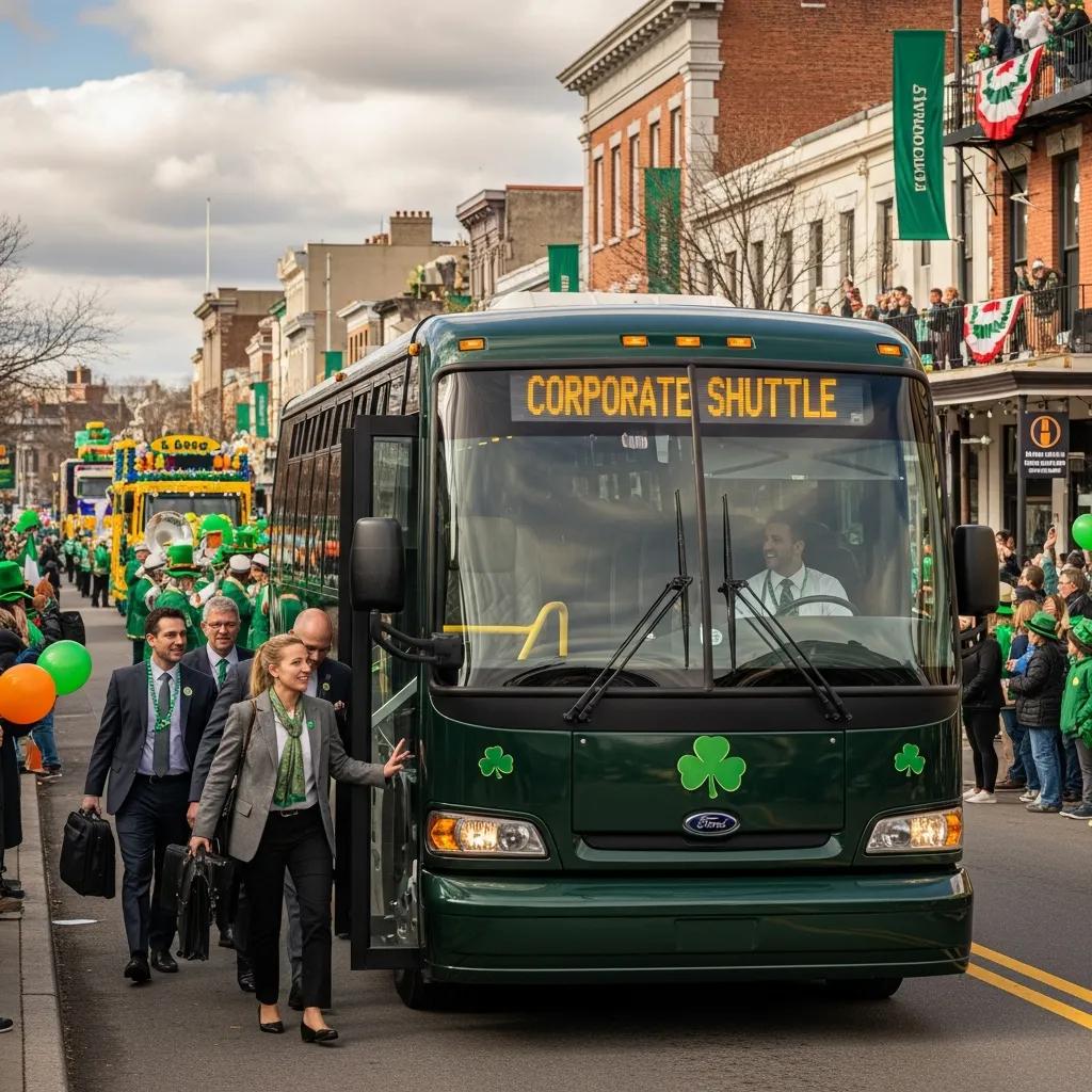 Corporate shuttle bus for St. Patrick’s Day event with professionals boarding