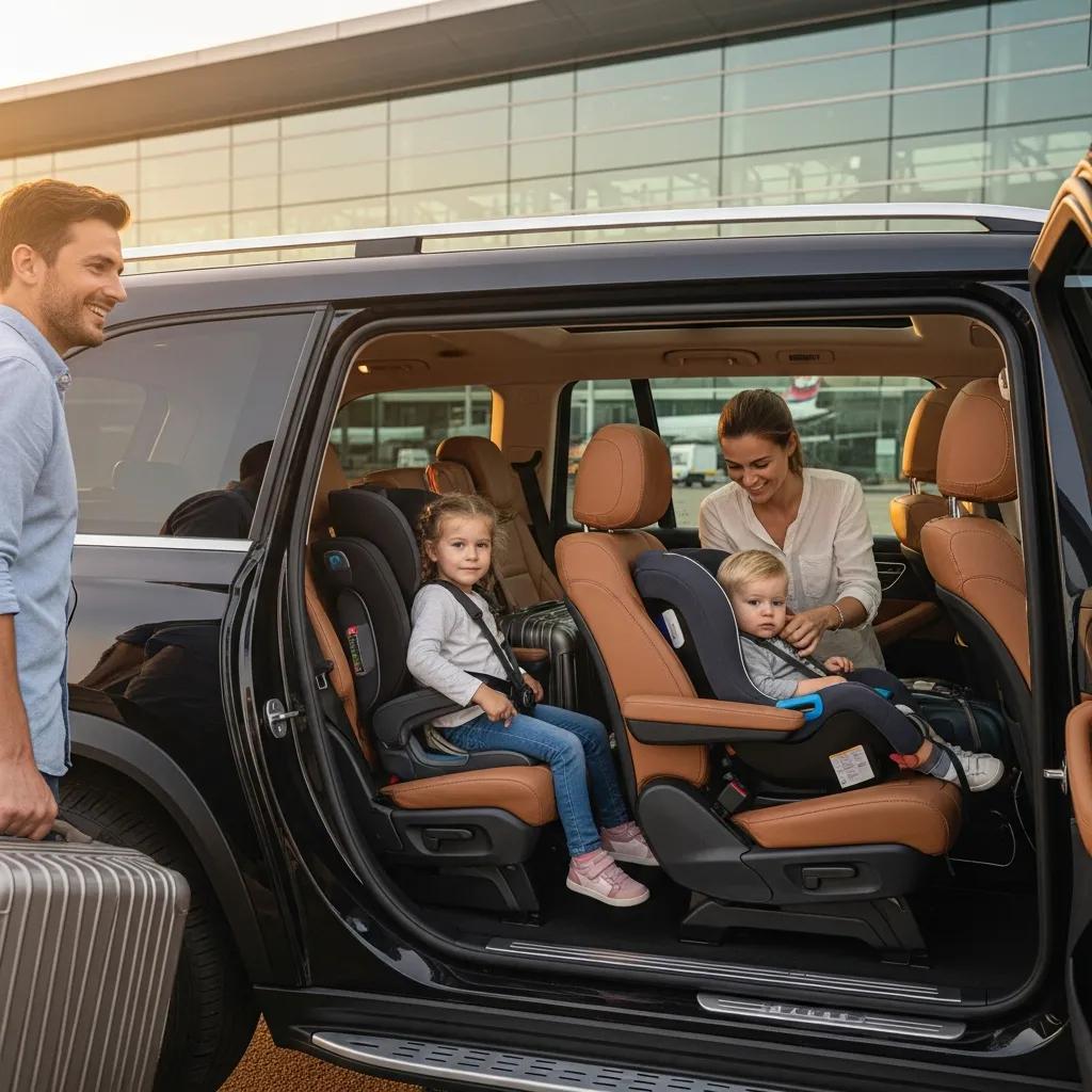 Family boarding luxury vehicle with child safety seat for airport transfer