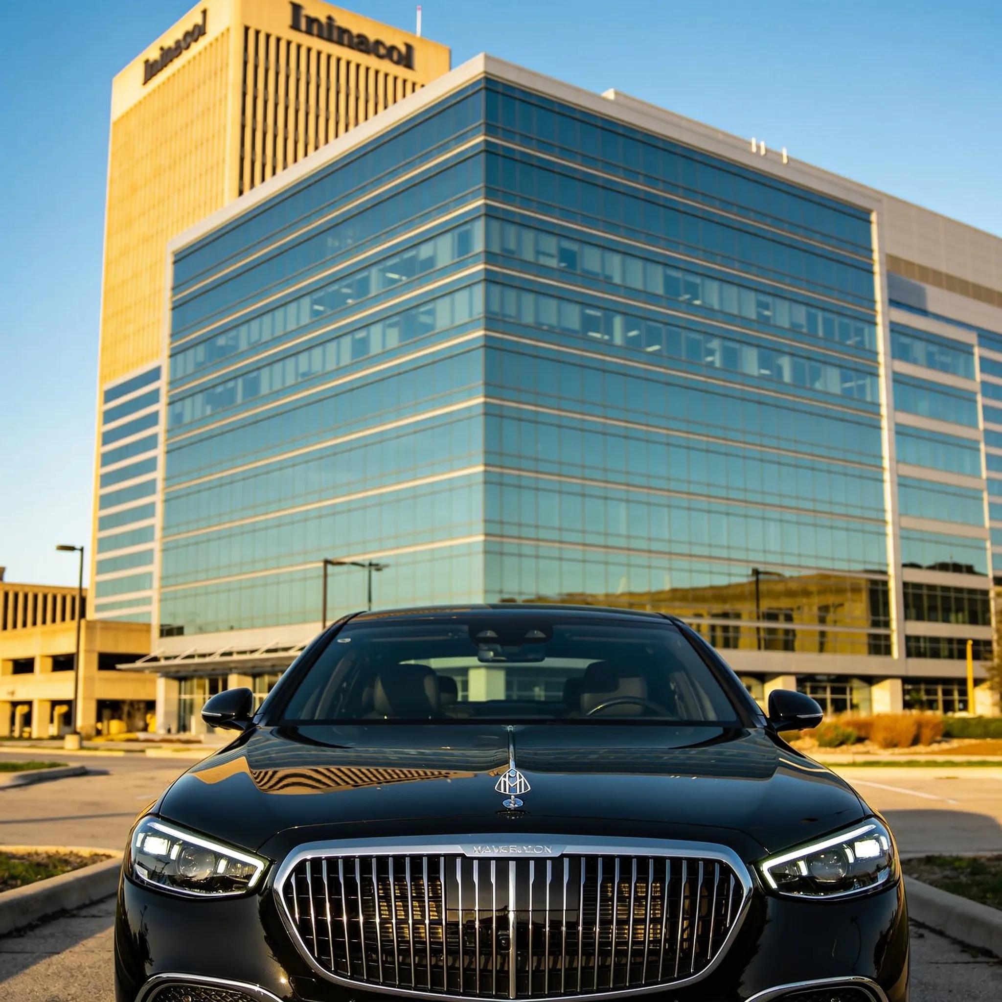 Luxury black car in front of a corporate building in Indianapolis, representing executive transportation solutions