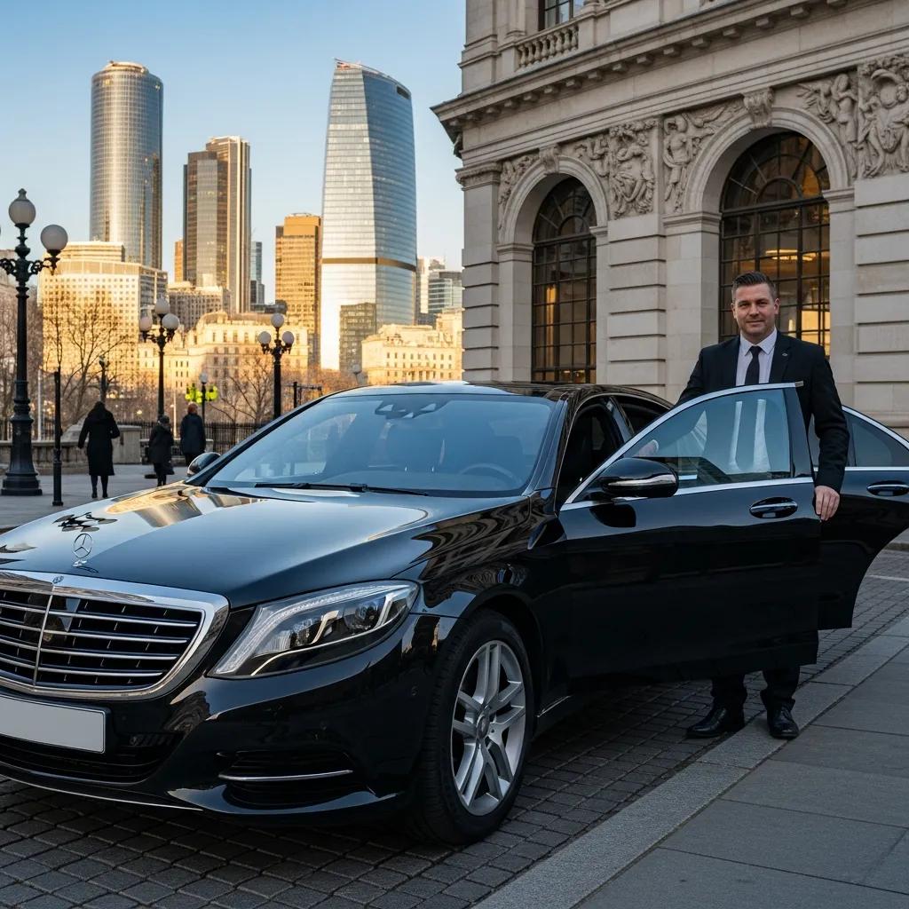 Luxury chauffeur service vehicle in an urban setting with a professional chauffeur
