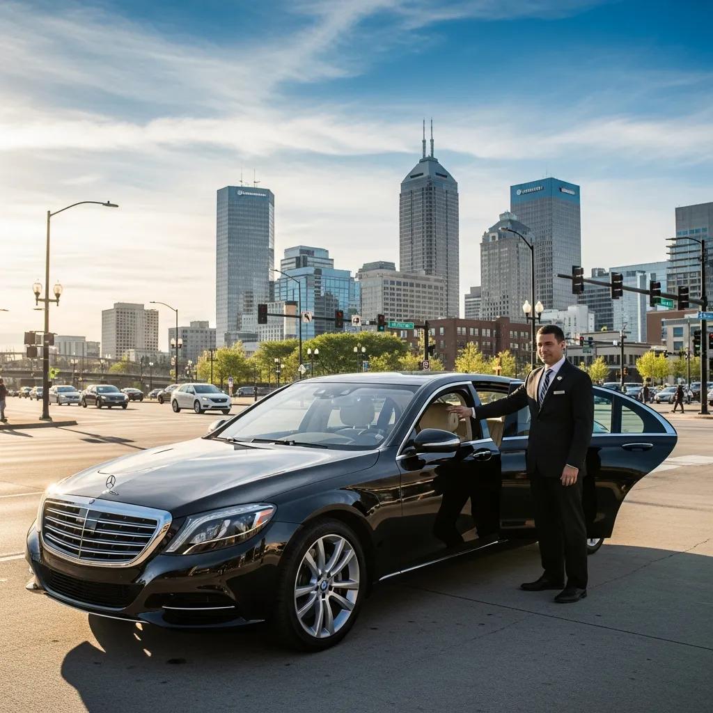 Luxury sedan in front of Indianapolis skyline representing flexible hourly chauffeur service
