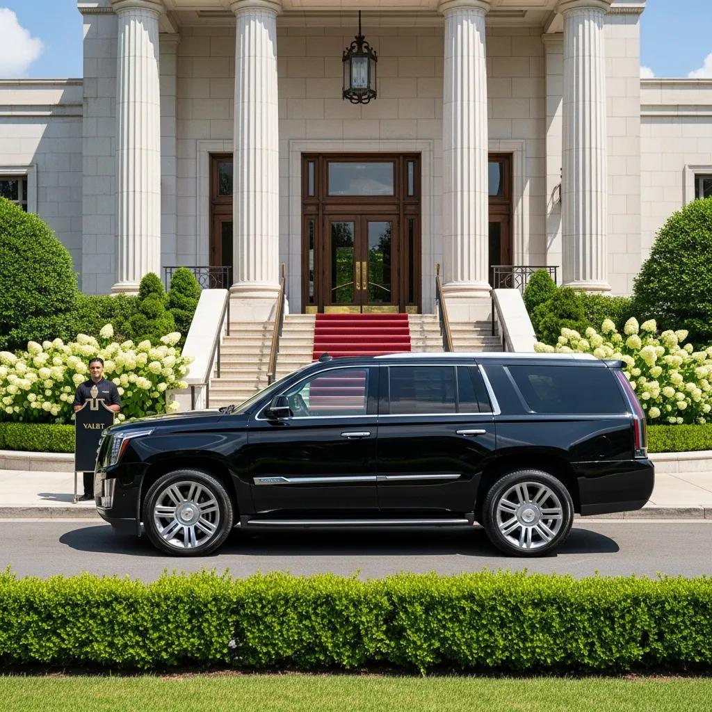 Luxury SUV parked outside a grand venue representing high-end transportation for events