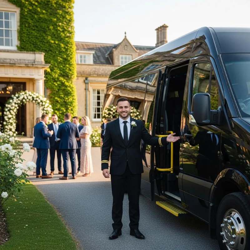 Professional chauffeur beside Mercedes Sprinter limo bus at Indianapolis wedding venue