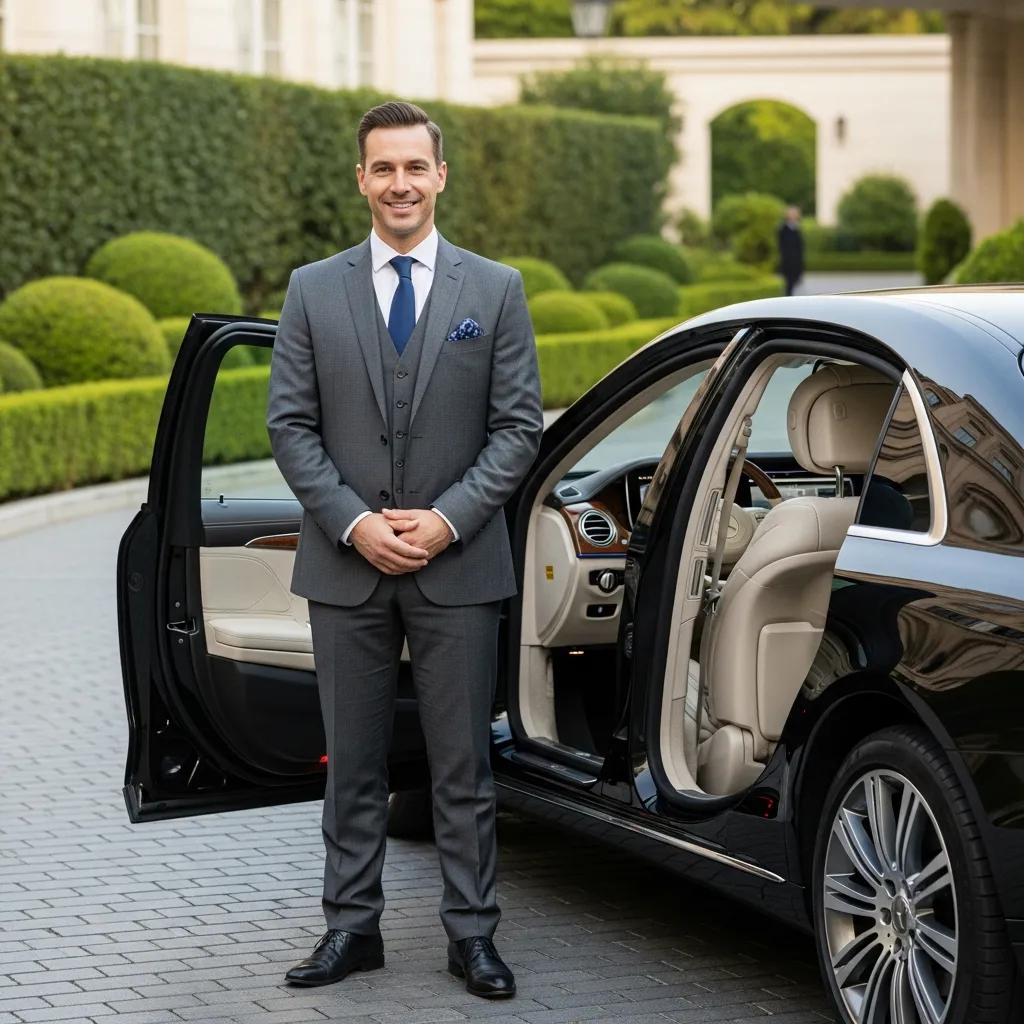 Professional chauffeur in suit beside luxury vehicle highlighting service quality