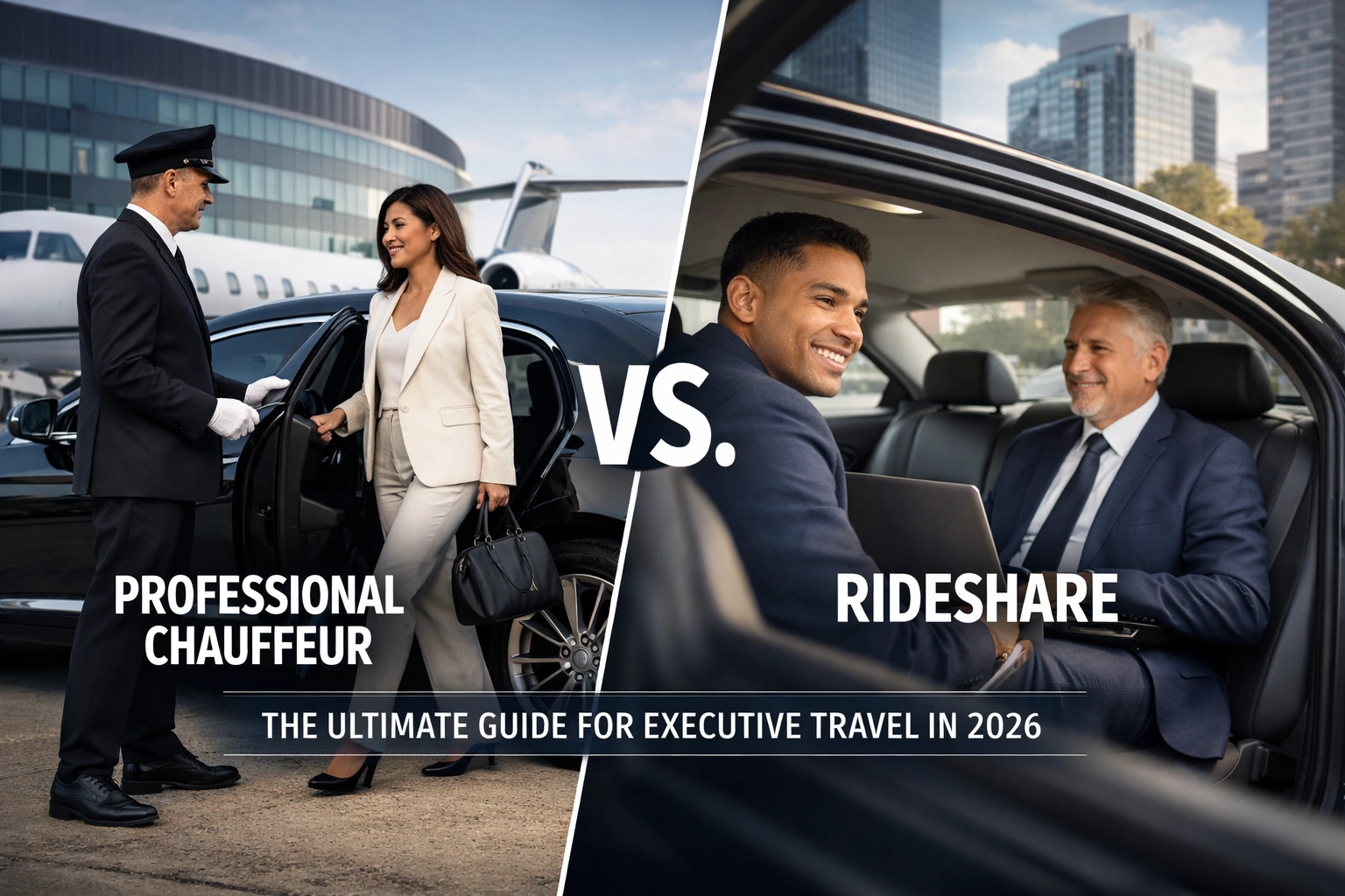 Professional chauffeur assisting a businesswoman at an airport, contrasting with a rideshare scenario featuring a businessman in a car, highlighting executive travel options for 2026.