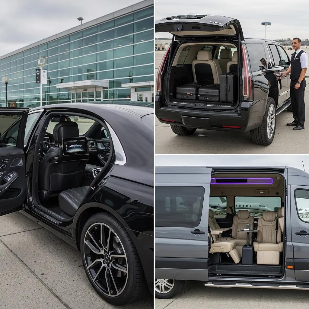 Variety of luxury vehicles for group airport transfers including sedan, SUV, and Sprinter van